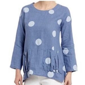 Ali Miles Linen Blue Polka Dot Top, Sz 2X